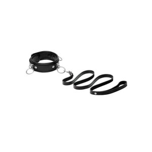 3 Ring Leather Collar with Leash Black