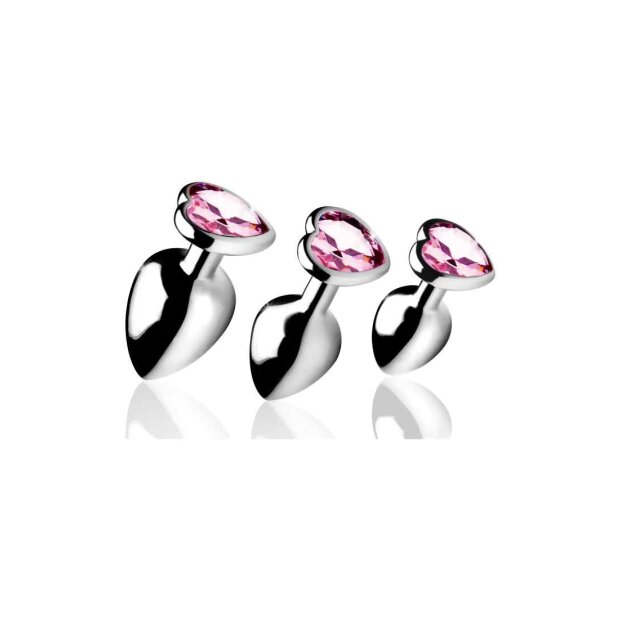 Booty Sparks Pink Heart Gem Anal Plug Set - 3 Pieces - Silver