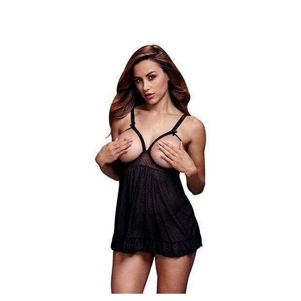 Baci Black Sheer Babydoll & Open Cup Bra Panty One Size - Queen Size