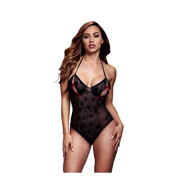 Baci Black Lace Bodysuit & Bra Slits Red Bow One Size - Queen Size
