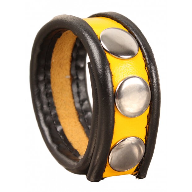 Leather Cockring - Black/Yellow- 3 Press Studs