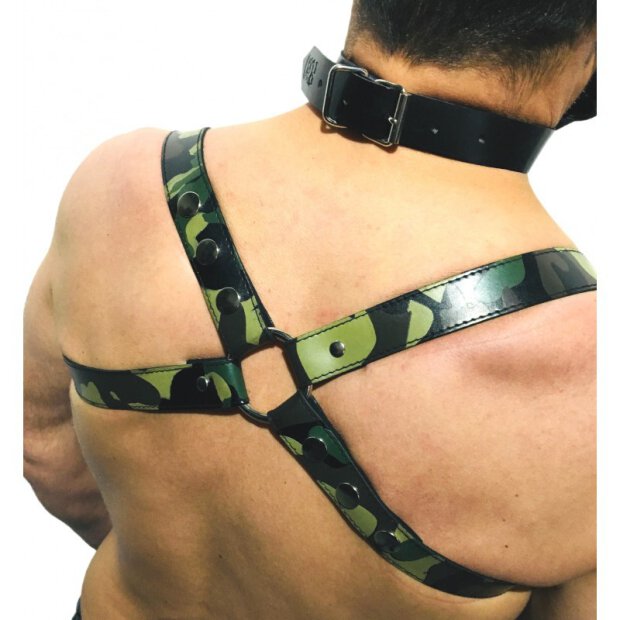 Camouflage Leder Geschirr - Acc. CHROM - KREUZ - DER ROTE S/M
