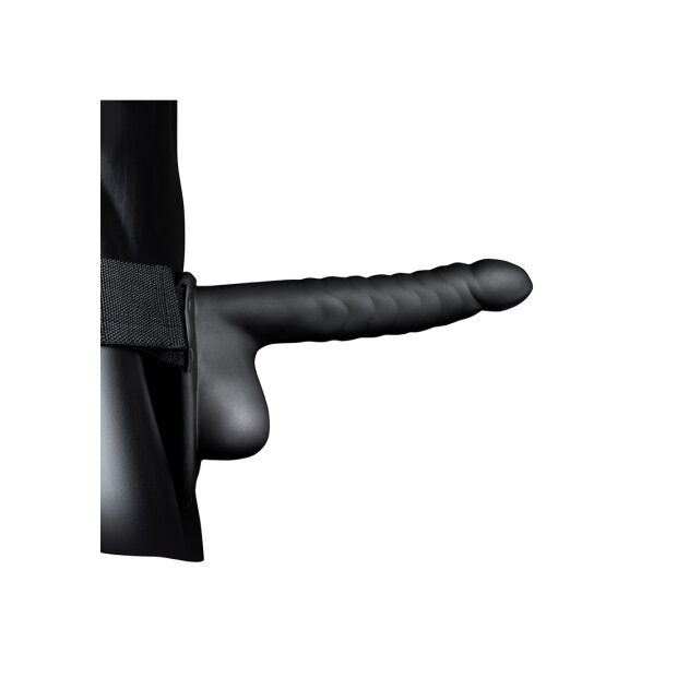 Shots Ouch ! Strap-On creux nervuré avec testicules noir 21 cm