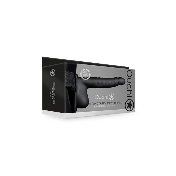 Shots Ouch ! Strap-On creux nervuré avec testicules noir 21 cm