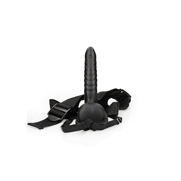 Shots Ouch ! Strap-On creux nervuré avec testicules noir 21 cm