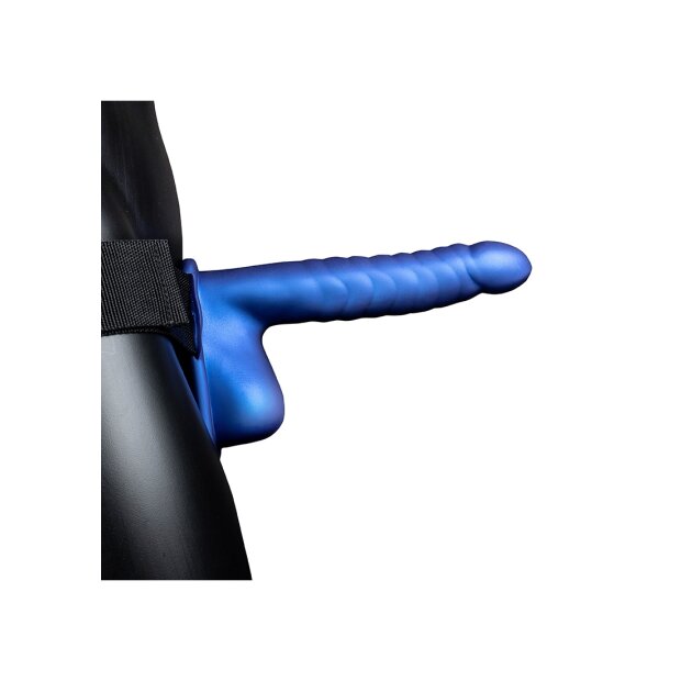 Shots Ouch! Ribbed hollow strap-on with testicles blue 21 cm