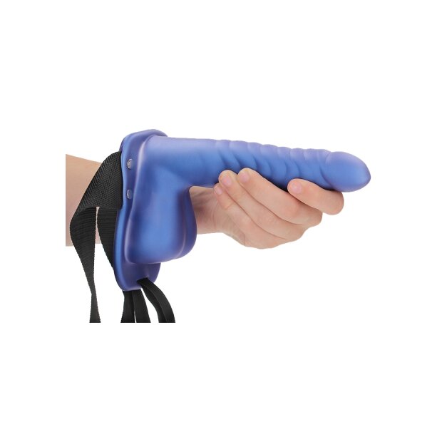 Shots Ouch! Ribbed hollow strap-on with testicles blue 21 cm