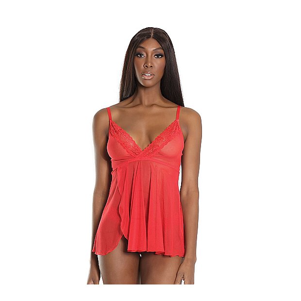 Trim Babydoll And Thong - Red - OS