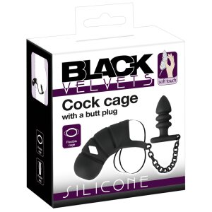 Black Velvets Cock cage with Anal Plug