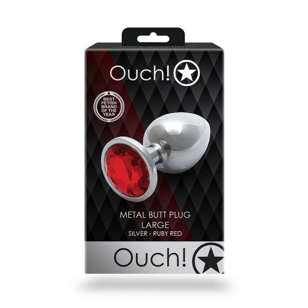 Shots Ouch ! plug anal rond en pierre précieuse argent rubis rouge grand 34 cm