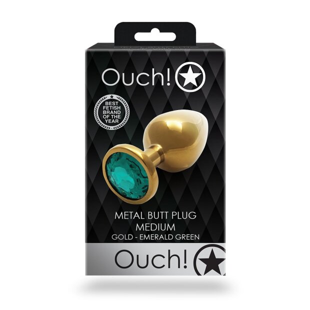 Shots Ouch! Runder Edelstein Analplug Gold Smaragdgrün mittel 3,4 cm