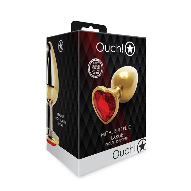 Shots Ouch! Herz Edelstein Anal Plug Gold Rubinrot groß 4 cm