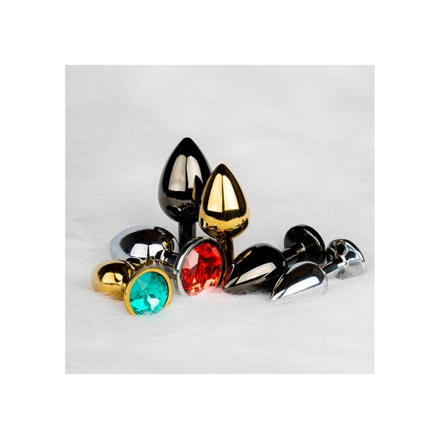 Shots Ouch! Runder Edelstein Anal Plug Schwarz Silber mittel 3,4 cm