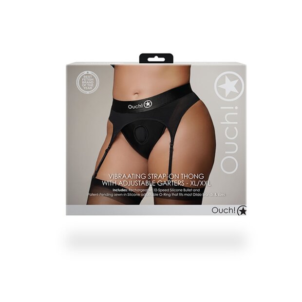 Shots Ouch! Vibrating strap on thong with adjustable garter belt XL/XXL