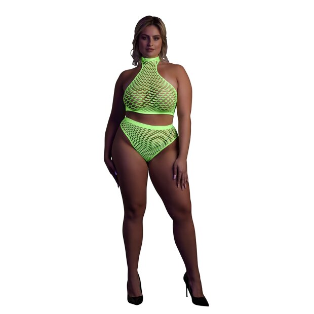 Shots Ouch! UV-Neon CropTank top and briefs with high waist plus size green