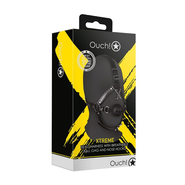 Shots head harness with breathable ball gag and nose hook black