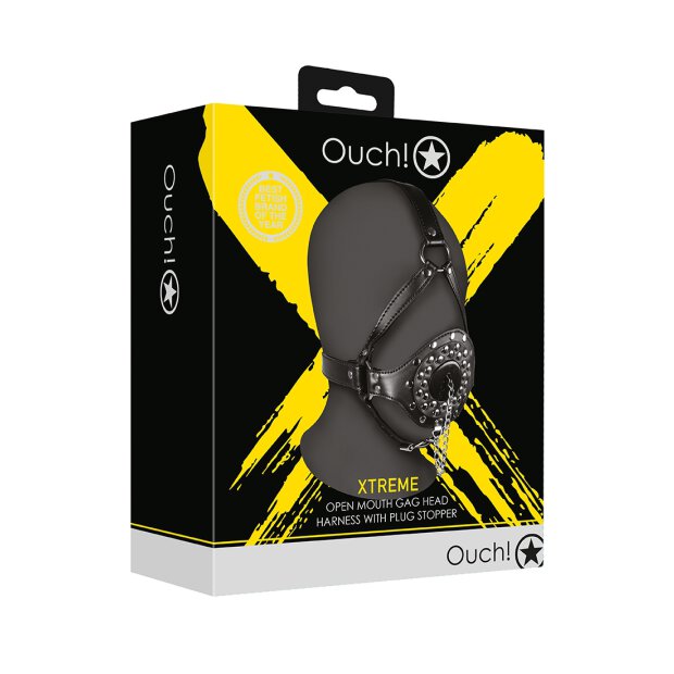 Shots head harness with open mouth gag and stopper black