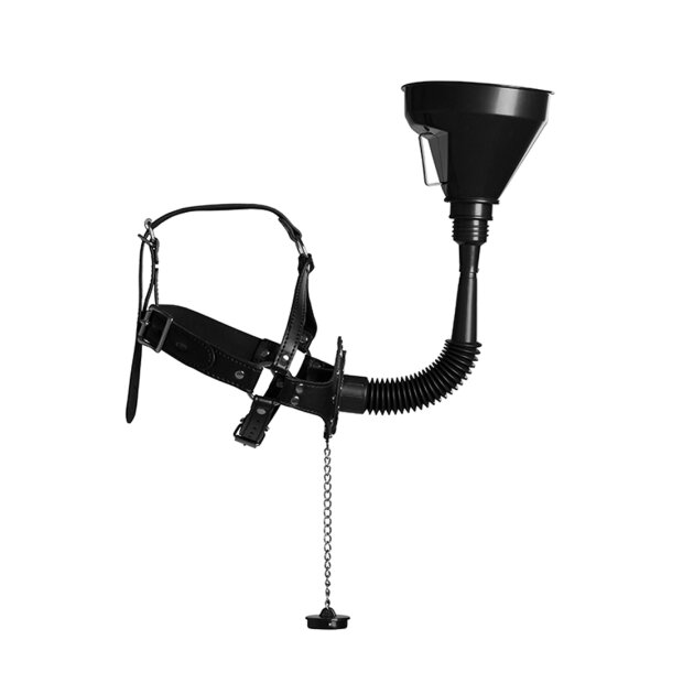 Shots head harness with open mouth gag, stopper and funnel black