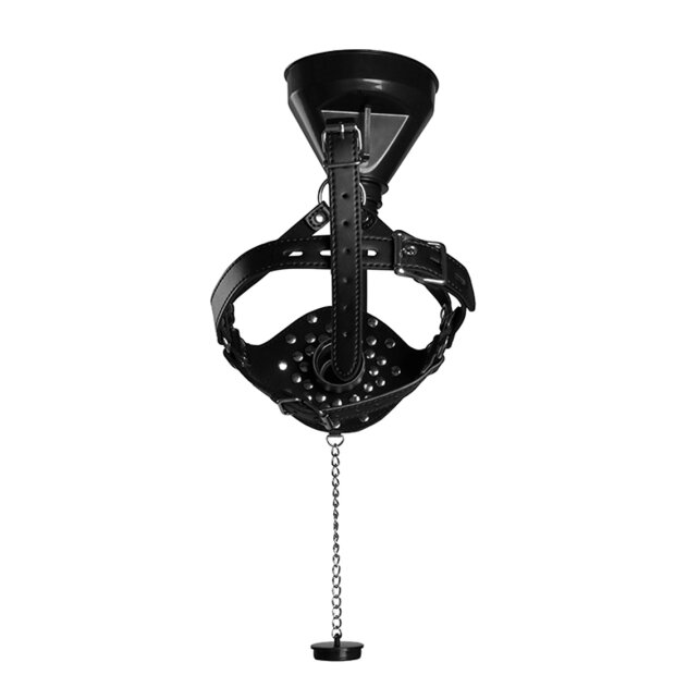Shots head harness with open mouth gag, stopper and funnel black