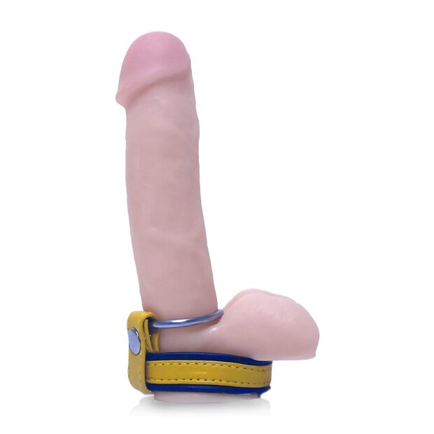 Leather Cockstrap with Penisring Black/Yellow