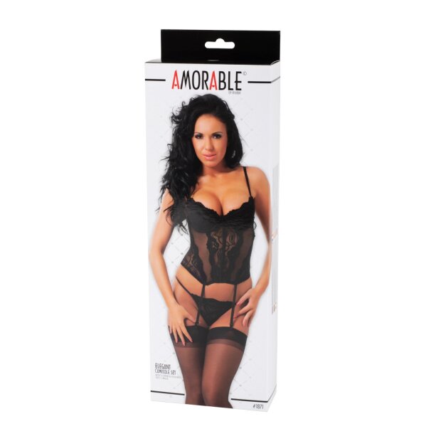 Amorable by Rimba Camisole with G-string and Stockings Black XL