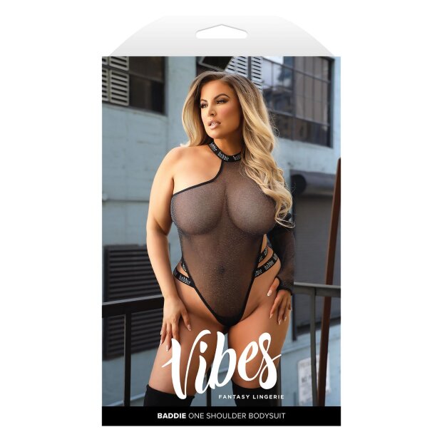 Baddie Glitter Mesh Bodysuit With Snap Closure Black L/XL