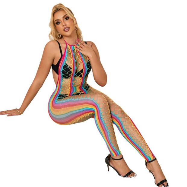 SUBBLIME Rainbow Halter Neck Fishnet Bodystocking One Size