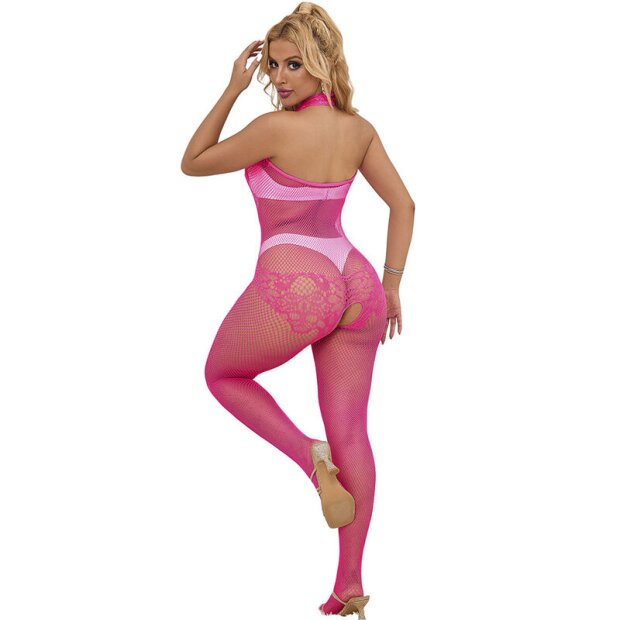 SUBBLIME Fishnet And Lace Crotchless Bodystocking With High Neck Pink One Size