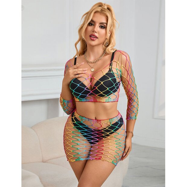 SUBBLIME 2 Piece Fishnet Bodystocking Long Sleeve Rainbow One Size