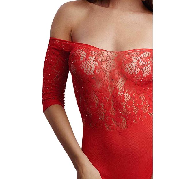 Crotchless Rhinestone Teddy - Red Onesize - Queensize