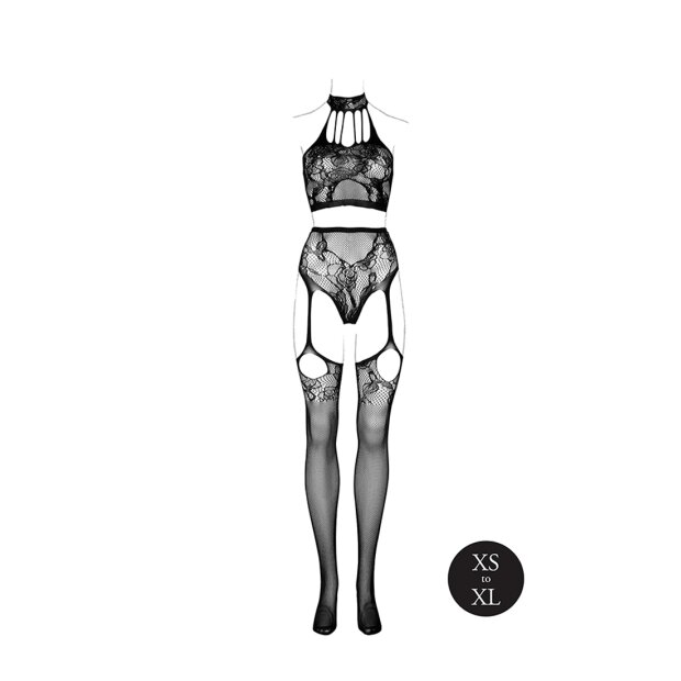 Le Désir Two Piece with Halter Turtleneck and Pantie with Attached Stockings Black Onesize - Queensize
