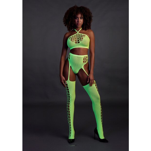 Shots Ouch! UV-Neon Zweiteiler mit Crop Top und Strümpfen grün Onesize - Queensize