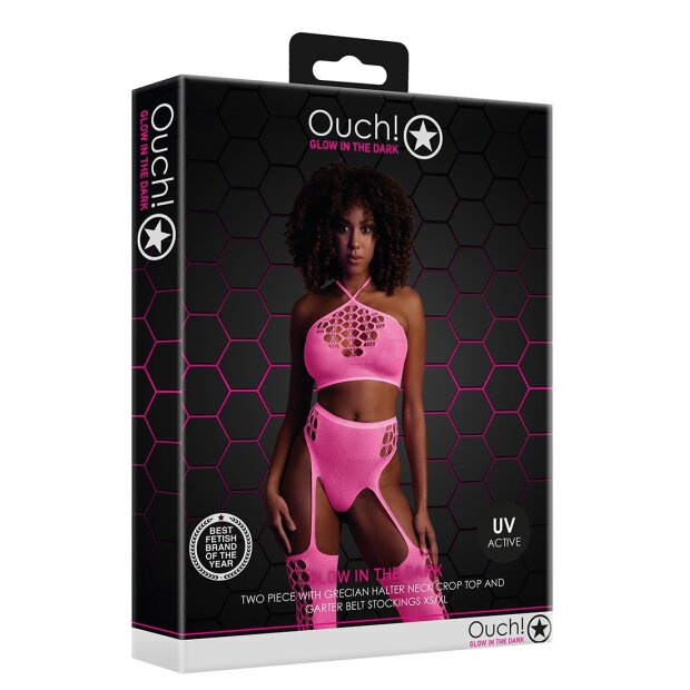 Shots Ouch! UV-Neon Zweiteiler mit Crop Top und Strümpfen pink Onesize - Queensize