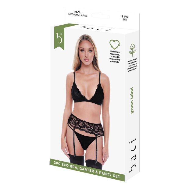 Baci 3-teiliges BH-Strumpfhalter- und Höschenset Schwarz S-M