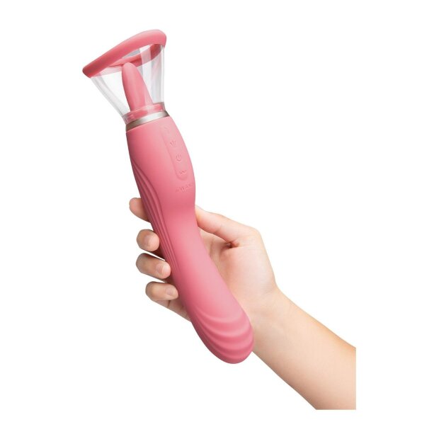 Le Wand Lick 3-1 Doppelseitiger Vibrator mit Zungenstimulator Rosa 26 cm Ø 4 cm