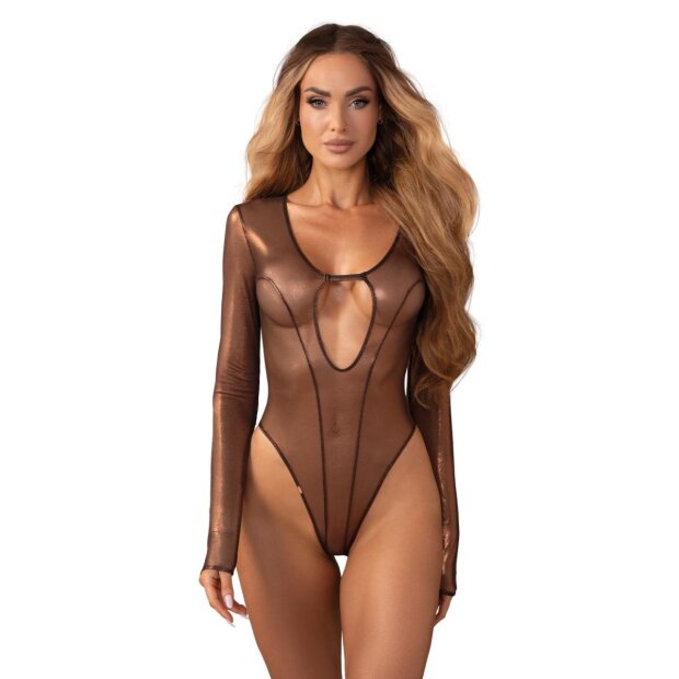 Obsessive Soranna Teddy à manches longues avec entrejambe ouvert Brun L-XL