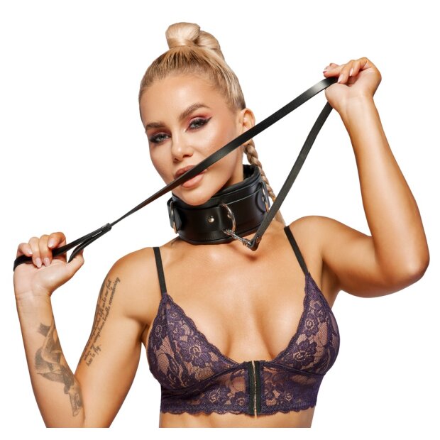 ZADO Collier en Cuir avec Laisse et Cadenas Noir