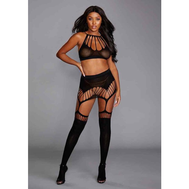 Seamless Bralette & Garter Skirt Set Black One Size