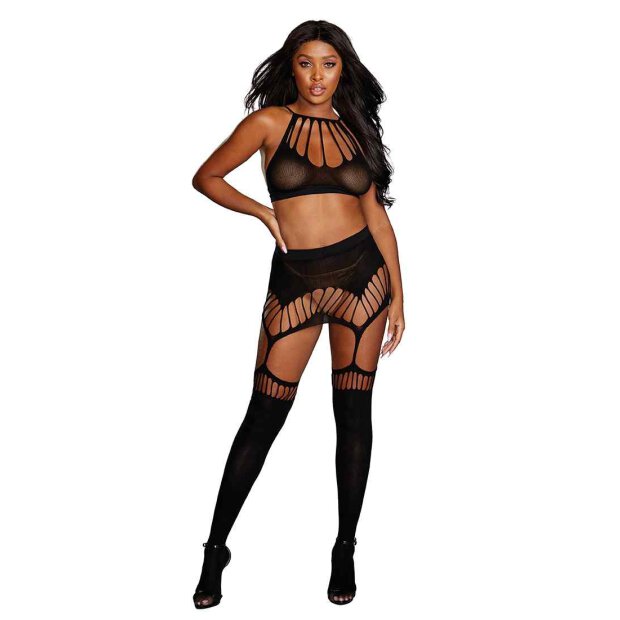 Seamless Bralette & Garter Skirt Set Black One Size